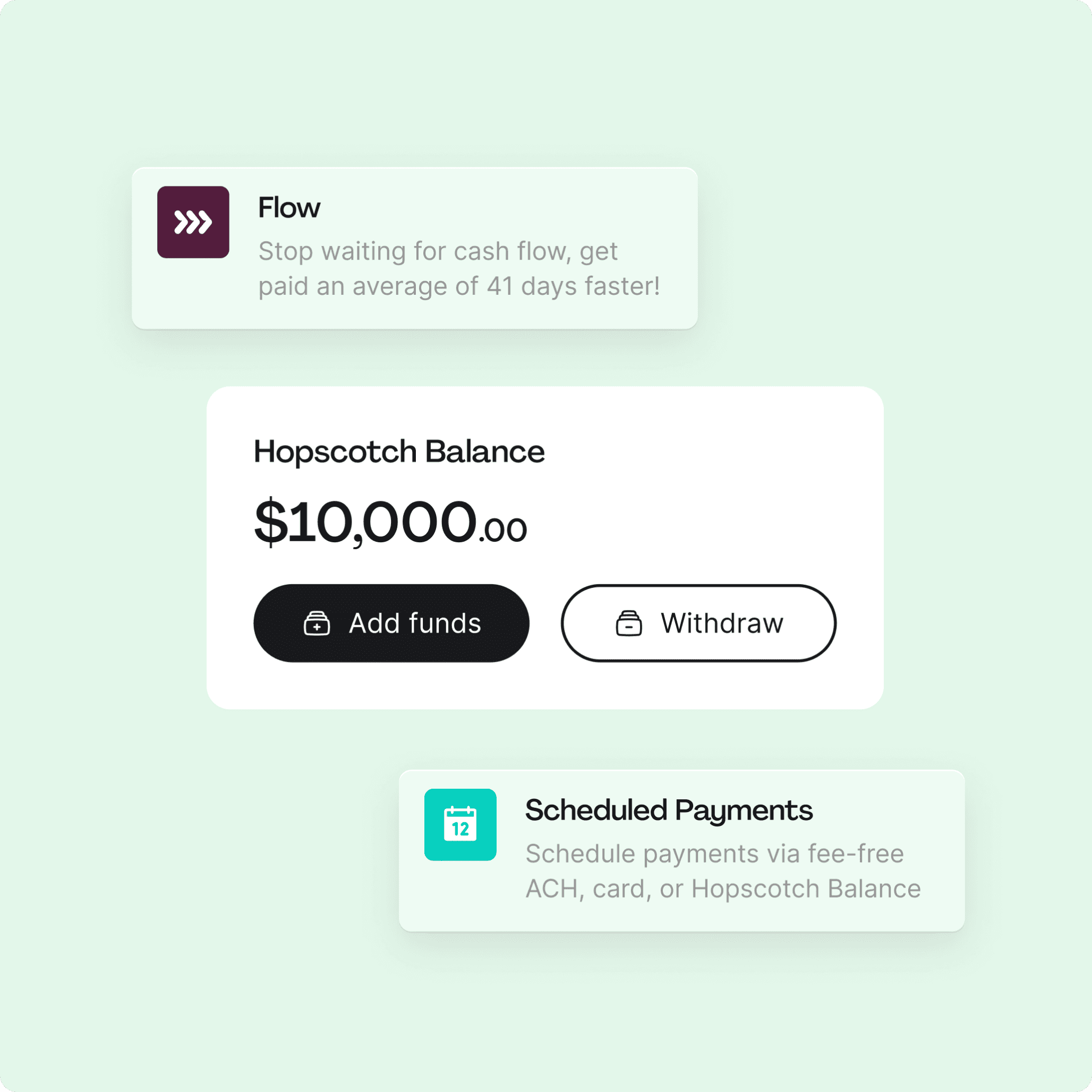 A UI graphic showing various notifications such as hopscotch balance and scheduled payments