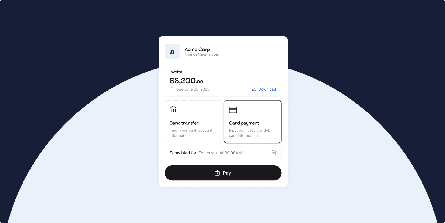Card payment and bank transfer buttons