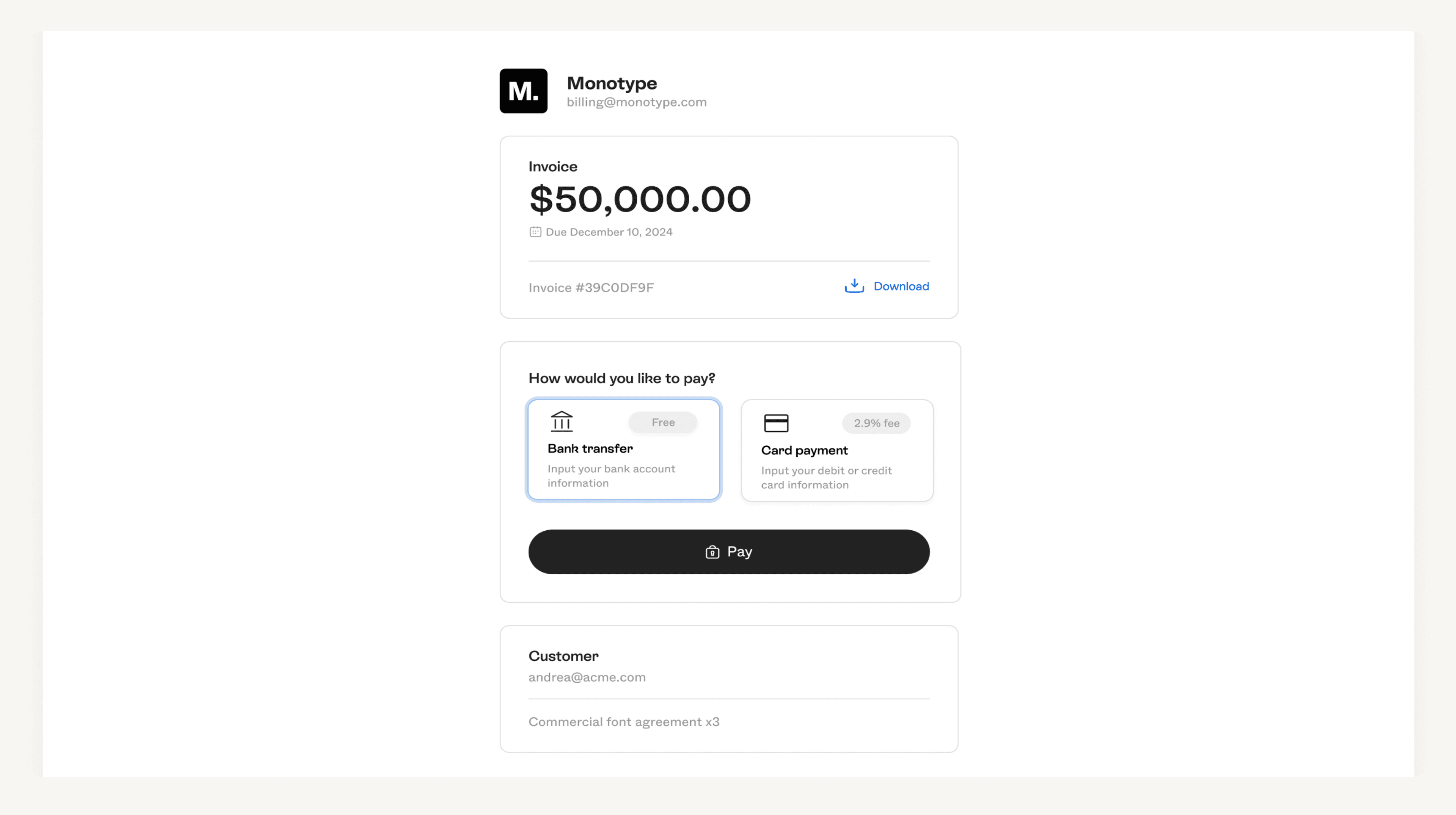White label invoicing payment screen with custom brand details